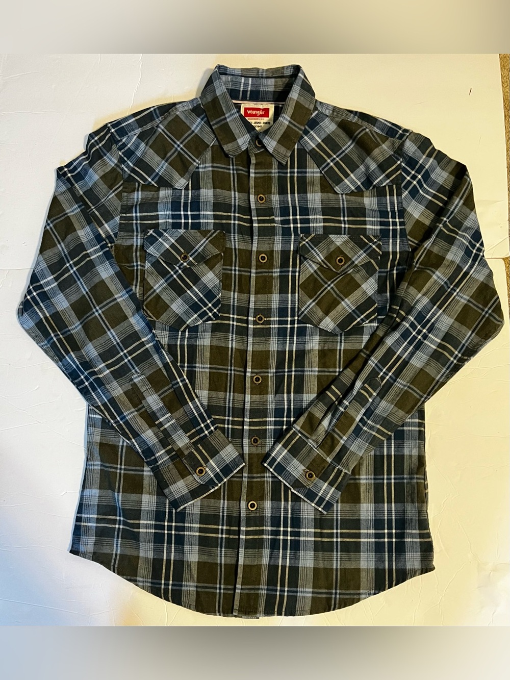 Wrangle Western Style Flannel Button Up Blue Olive White Long Sleeve Small